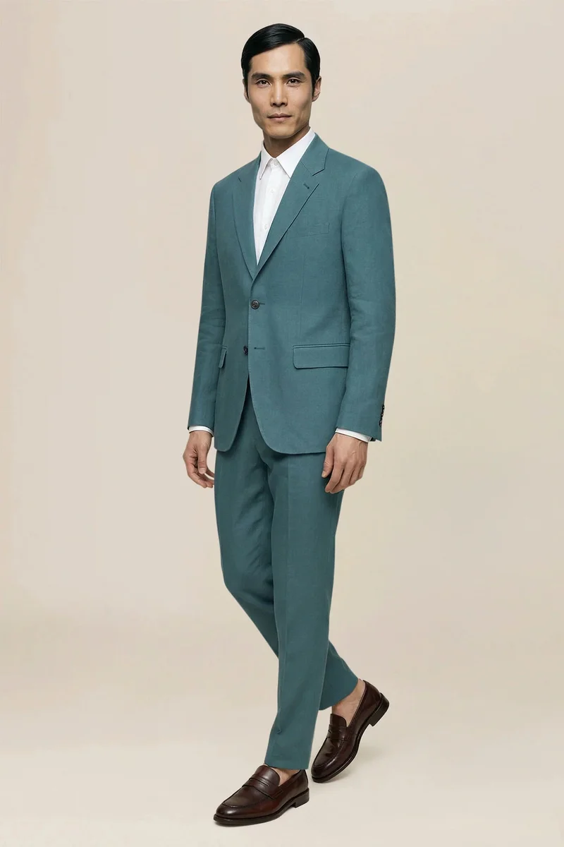 دوبل غانغر Men's single-breasted suit in 100% linen, regular fit - Petrol