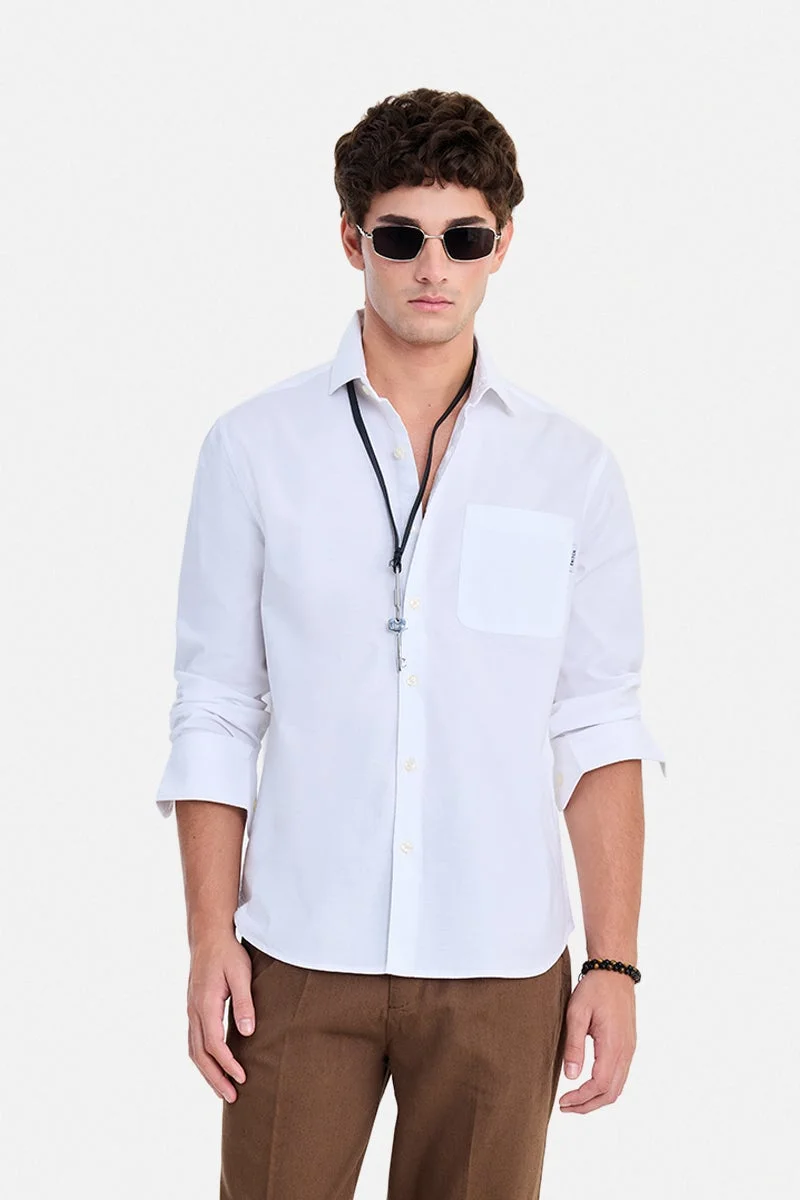 SNITCH White Solid Long Sleeve Regular Fit Casual Shirt