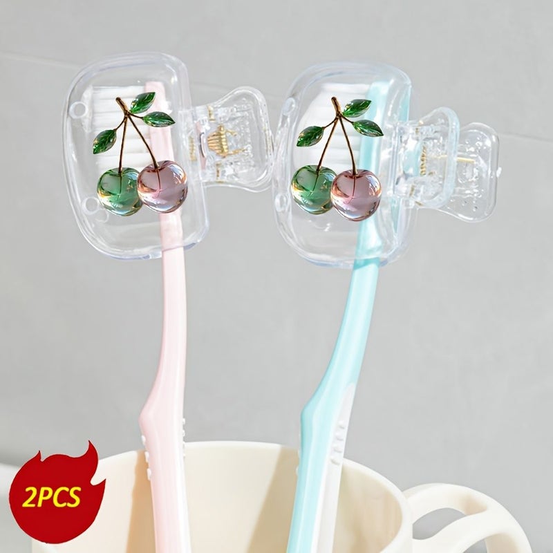 2pcs Cherry Pattern Toothbrush Storage Case With Ventilation Holes Portable Travel Cover For Clean And Dry Toothbrush Heads - Image 2