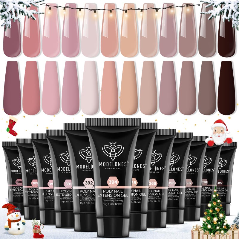 modelones Poly Nail Gel Set - 12 Colors 15g Nude Pink Brown Tone All Seasons Poly Nail Extension Gel Kit Trendy Art Design Professional Salon at Home Holiday Gift for Girl - Image 1