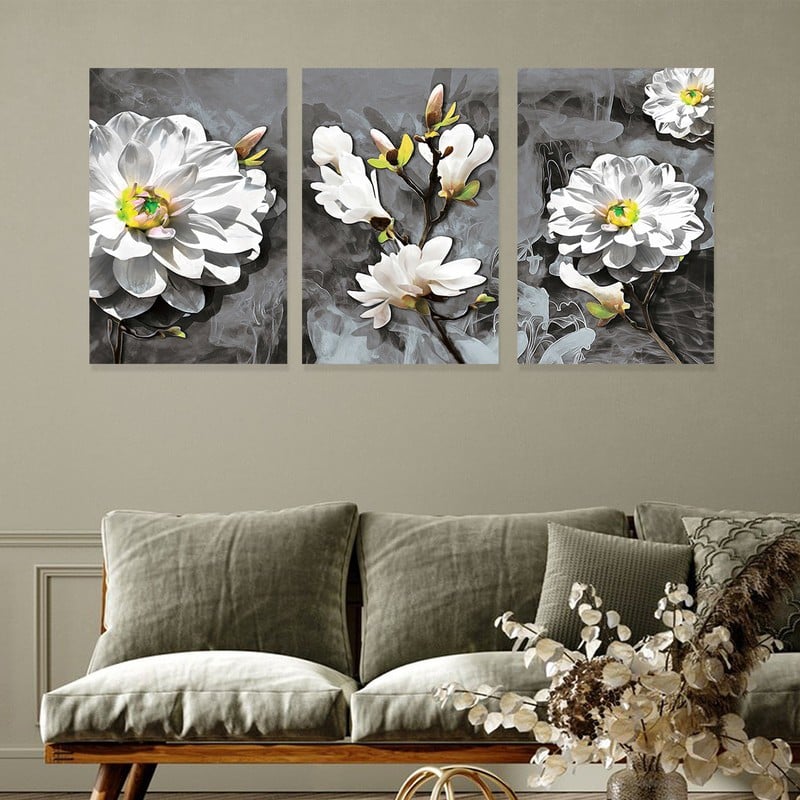 Marktna Three canvas panels with a floral design and a hollow frame, measuring (150×70), three pieces - Image 1