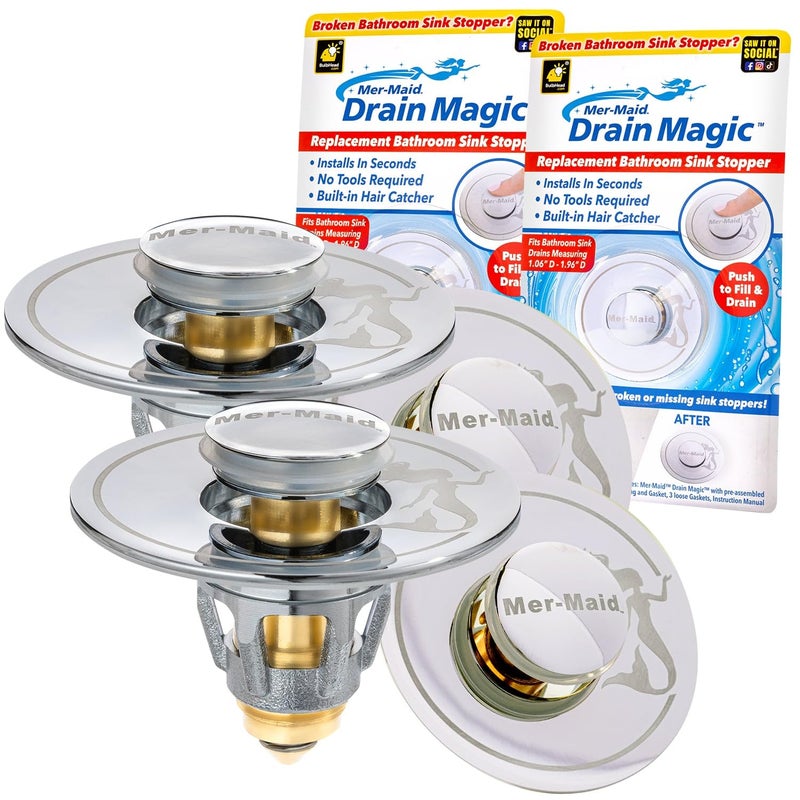 MerMaid Drain Magic Universal Sink Stopper ASSEENONTV Replace Broken or Missing Stoppers Push to Fill  Drain Catches Hair  Prevents Clogs Silicone Seal Instant Install No Tools 2 Pack