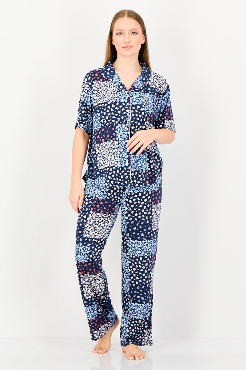 PJ Couture Women 2 Pieces Floral Print Pyjama Top And Bottom Set, Multicolor - Image 1