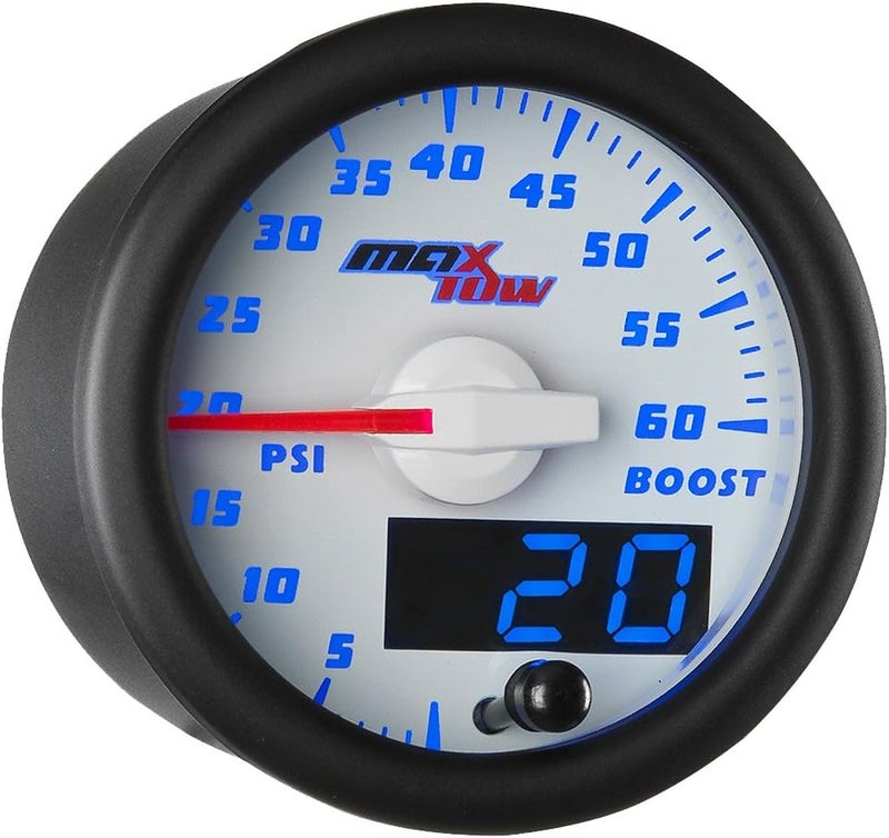 MaxTow Double Vision 60 PSI Turbo Boost Gauge Kit - Includes Electronic Pressure Sensor - White Gauge Face - Blue LED Illuminated Dial - Analog & Digital Readouts - for Diesel Trucks - 2-1/16" 52mm - Image 1
