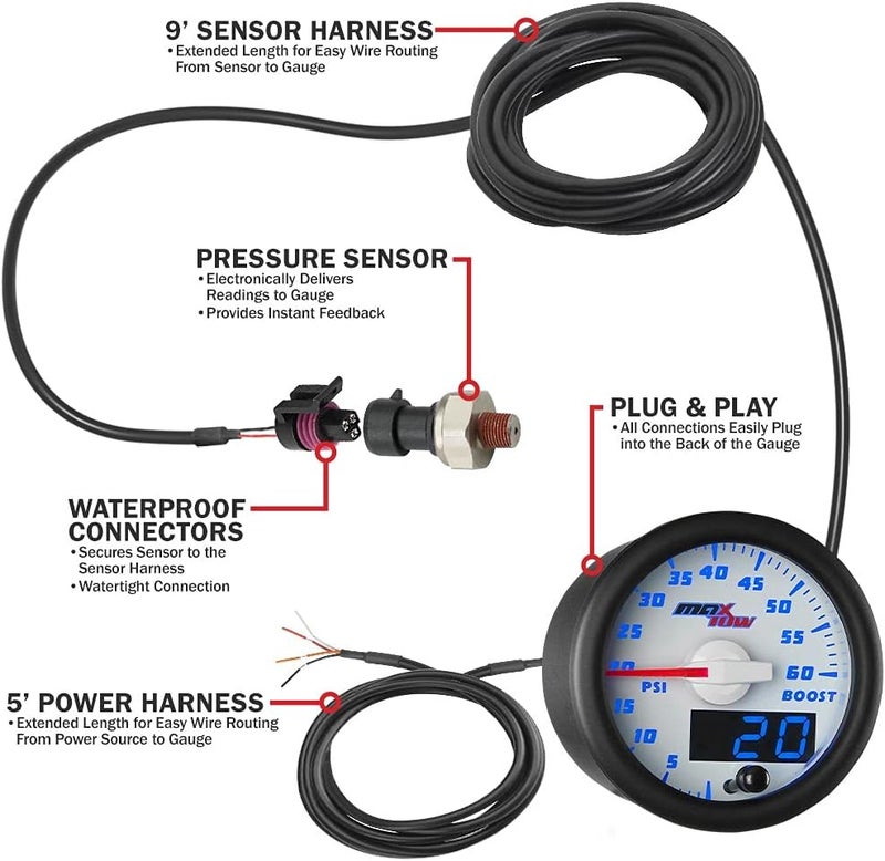 MaxTow Double Vision 60 PSI Turbo Boost Gauge Kit - Includes Electronic Pressure Sensor - White Gauge Face - Blue LED Illuminated Dial - Analog & Digital Readouts - for Diesel Trucks - 2-1/16" 52mm - Image 2