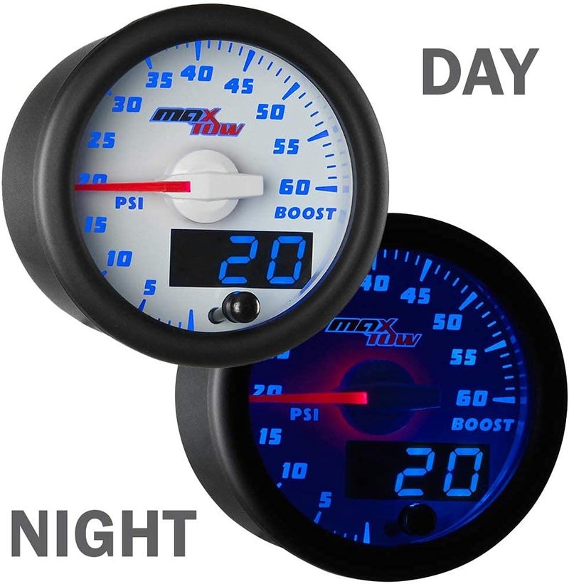MaxTow Double Vision 60 PSI Turbo Boost Gauge Kit - Includes Electronic Pressure Sensor - White Gauge Face - Blue LED Illuminated Dial - Analog & Digital Readouts - for Diesel Trucks - 2-1/16" 52mm - Image 5