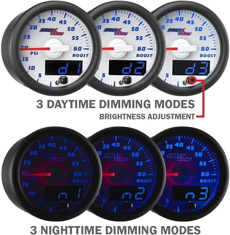 MaxTow Double Vision 60 PSI Turbo Boost Gauge Kit - Includes Electronic Pressure Sensor - White Gauge Face - Blue LED Illuminated Dial - Analog & Digital Readouts - for Diesel Trucks - 2-1/16" 52mm - Image 4
