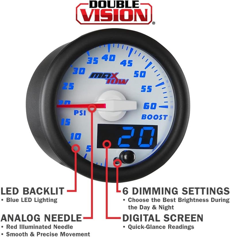 MaxTow Double Vision 60 PSI Turbo Boost Gauge Kit - Includes Electronic Pressure Sensor - White Gauge Face - Blue LED Illuminated Dial - Analog & Digital Readouts - for Diesel Trucks - 2-1/16" 52mm - Image 3