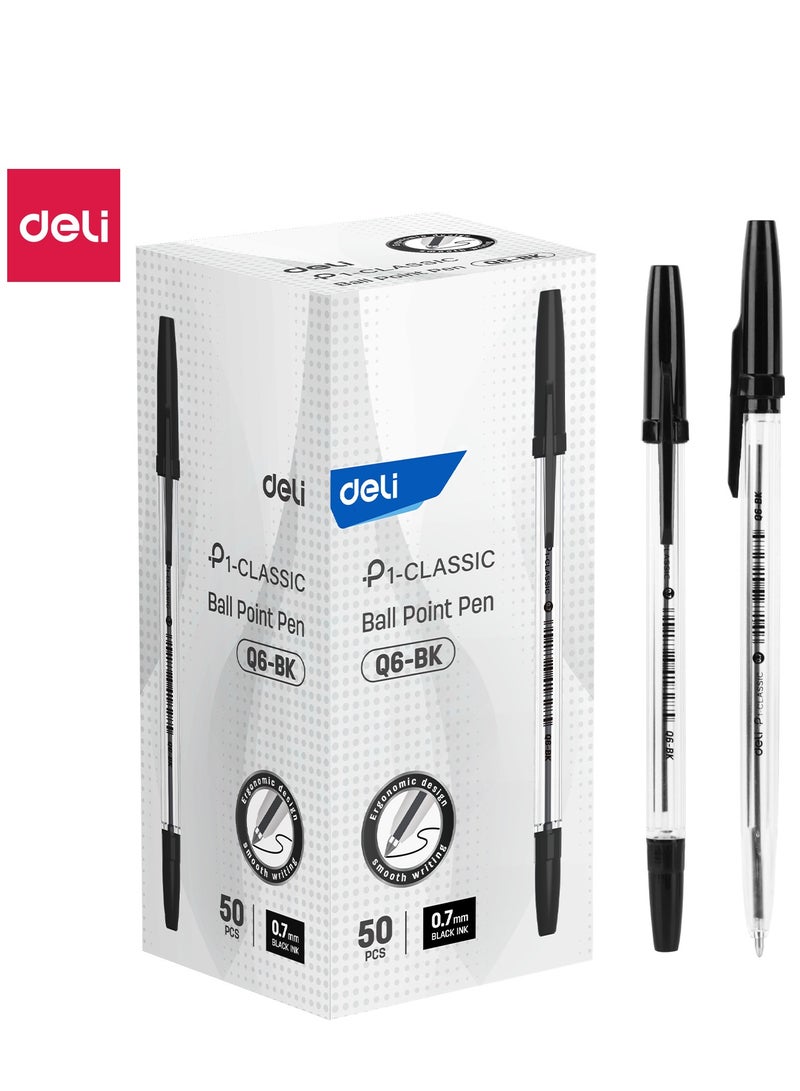Deli Q6-BK Ballpoint Pens, 0.7mm Fine Point, Black Ink, Smooth Writing Office Pens, 50 Pack. - Image 1