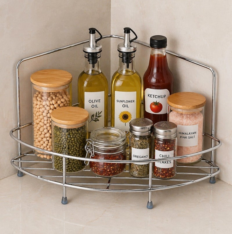 Dunekart Stainless Steel Corner Shelf Basket | Space-Saving Wall Mount Rack for Bathroom & Kitchen | Rust-Resistant Organizer - Image 1