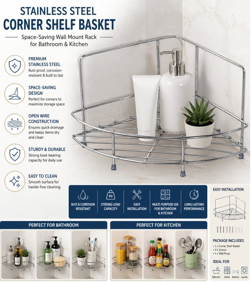 Dunekart Stainless Steel Corner Shelf Basket | Space-Saving Wall Mount Rack for Bathroom & Kitchen | Rust-Resistant Organizer - Image 5