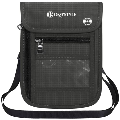 OMYSTYLE Neck Wallet, RFID Passport Holder for Travel, Adjustable Neck Strap, Waterproof Neck Pouch for Men & Women to Keep Cash, Credit Cards and Documents Safe, Dark Grey (8x6) - Image 1