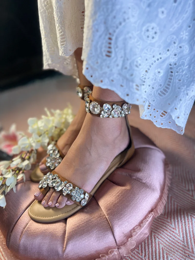 Sandal Stories Brown Crystal Glam Gladiator Flats for Women