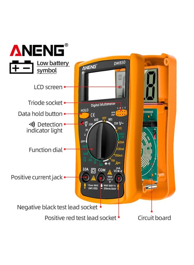 ANENG DM850 Automatic Professional Digital Multimeter 1999 Counts Auto AC DC Voltage Tester Yellow With Box - Image 5