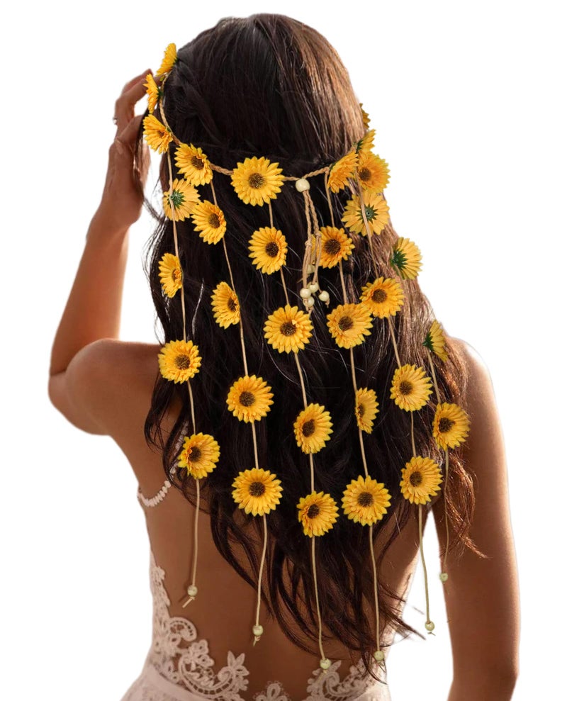 CHLINS Hippie Headband Flower Crown Bohemian Sunflower Headband Flower Headpiece Hippie Costume 60s 70s Outfits for Women Yellow