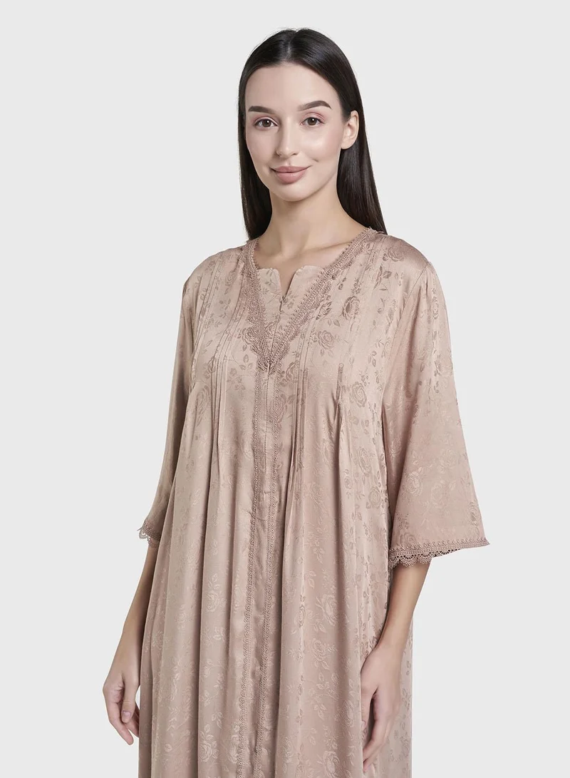 كشخة Brown Jacuard Floral Print Rayon Long Nightwear Dress (CNH489)