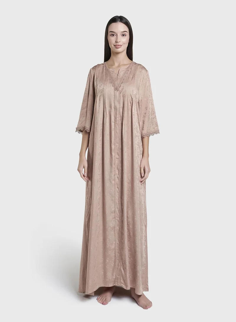 كشخة Brown Jacuard Floral Print Rayon Long Nightwear Dress (CNH489)