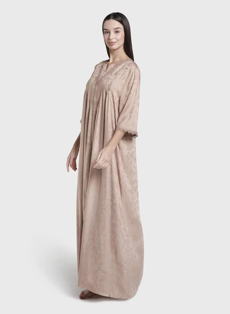Kashkha  Brown Jacuard Floral Print Rayon Long Nightwear Dress (CNH489) for Women | Best Price UAE