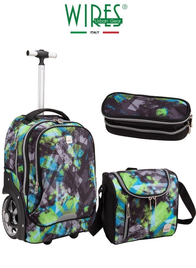 Wires 3 Piece Kids School Trolley Bag laptop compartment Big Wheels With Lunch bag & Pencil Case  - Image 1