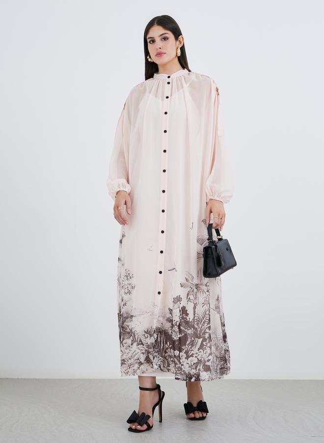 Styli Floral Printed Balloon Sleeves Shirt Midi Dress - Image 1