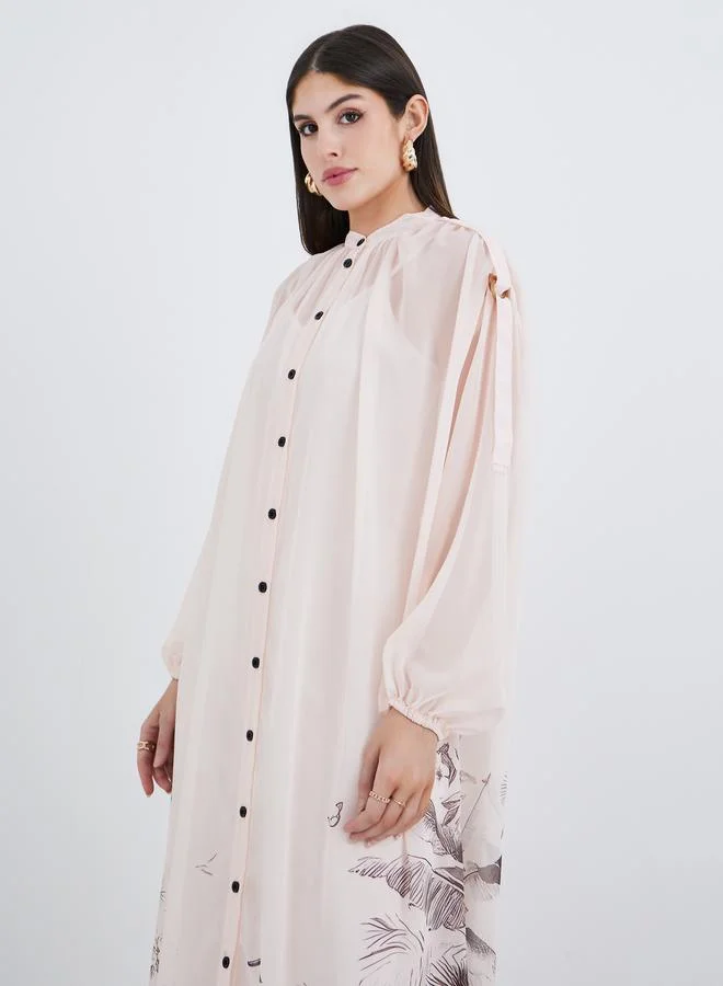 Styli Styli Floral Printed Balloon Sleeves Shirt Midi Dress