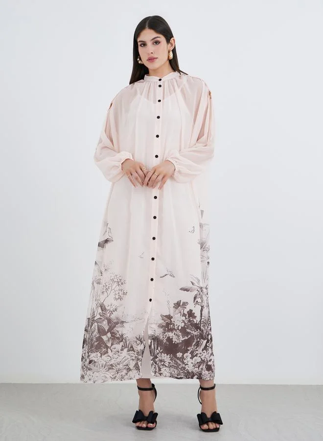 ستايلي Styli Floral Printed Balloon Sleeves Shirt Midi Dress