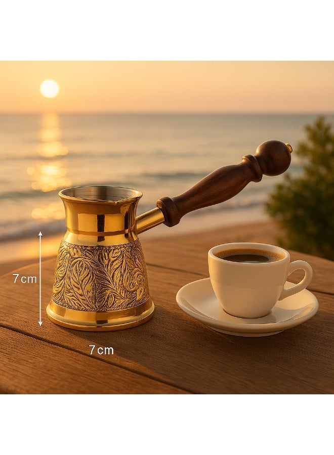 Dania ☕ Premium Golden Turkish Coffee Pot 🇮🇳 – 100 ml Capacity, Single Cup 🥄 Height 7 cm ✨ Hand-Engraved Design with Elegant Wooden Handle 🌿 - Image 1