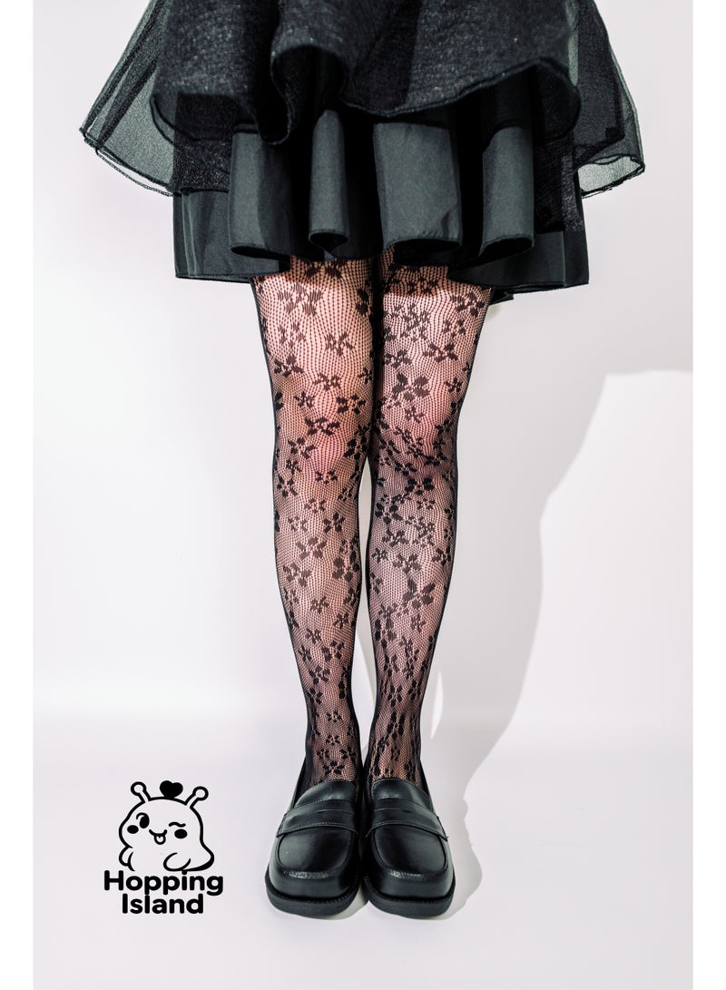Hopping Island Floral Black Stocking Stockings Lace Petal Fishnet Tights Floral French Mesh Pantyhose sock women - Image 1