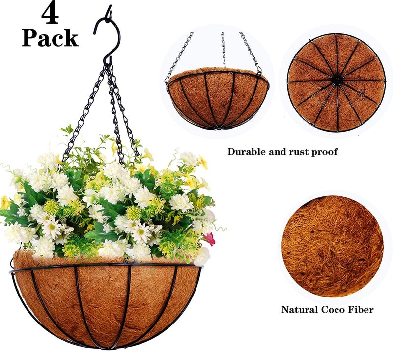 Tim Tim Agro Hanging Planters Basket Outdoor Indoor (12 Inch 4 Pack)-Coconut Coir Hanging Baskets For Plants Outdoor,Metal Wire Baskets With Coco Liner Window Box Planters,Hanging Flower Pots(Brown) - Image 2
