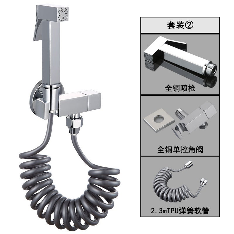 All-Copper Toilet Flushing Spray Gun Bidet Toilet One In And One Out Angle Valve Bathroom Pressurized Flush Gun Faucet - Image 1