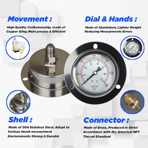 IONIX Bottom Entry Water Pressure Gauge 21 kg/cm² | 300 PSI | Stainless Steel Body | Brass Connector | Water Filter, RO, Geyser & Booster Pump Compatible - Image 4