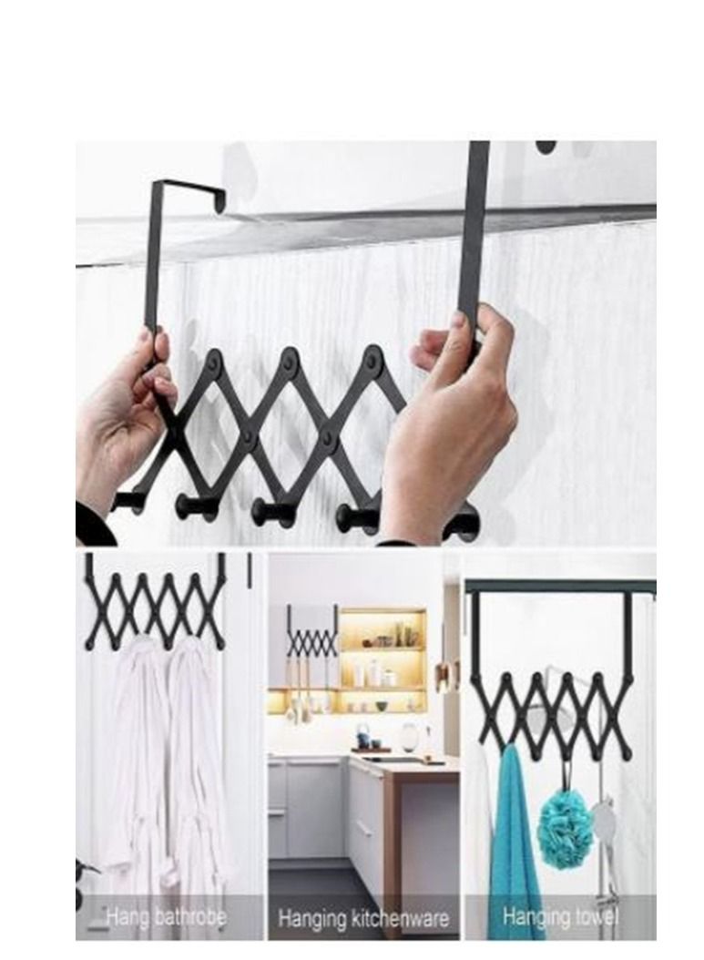 Sturdy Over The Door Hook Hanger, Expandable Door Clothes Hanger with 6 Hooks for Bathroom Bedroom Living Room, Metal Stainless Steel Coat Hanger for Clothes Robes Hats Belt Bag Towels  - Image 2