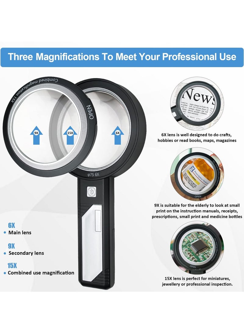XiuWoo Magnifying Glass with Light 6X 9X15X Combined Illuminated Magnifier 6 LED 2 Purple Lighted Dual-Lens, Detachable Handheld For Seniors Read, Stamps, Map, Inspection. - Image 2