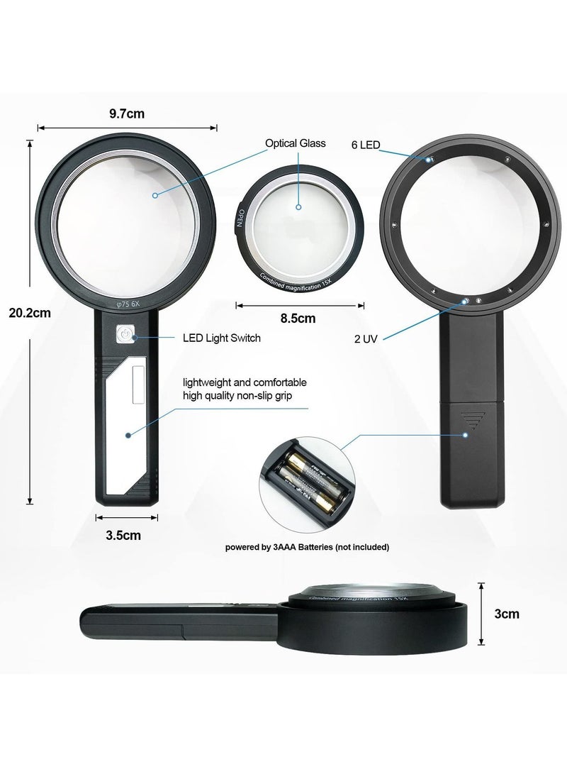 XiuWoo Magnifying Glass with Light 6X 9X15X Combined Illuminated Magnifier 6 LED 2 Purple Lighted Dual-Lens, Detachable Handheld For Seniors Read, Stamps, Map, Inspection. - Image 5