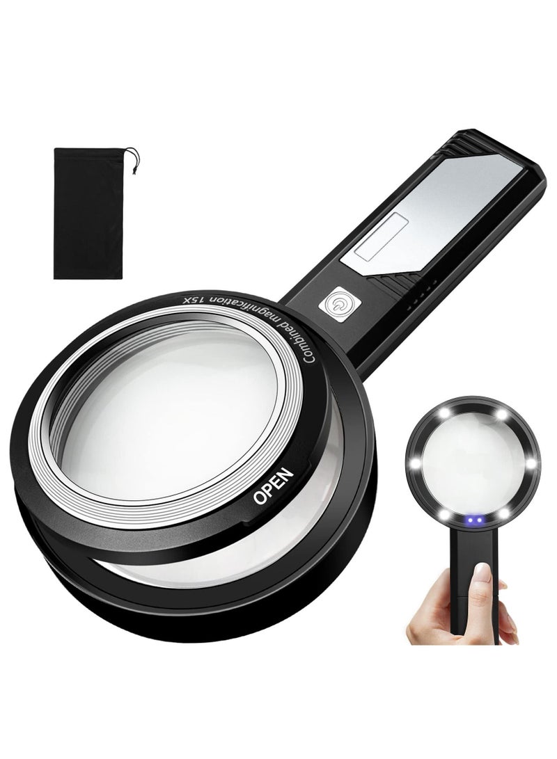 XiuWoo Magnifying Glass with Light 6X 9X15X Combined Illuminated Magnifier 6 LED 2 Purple Lighted Dual-Lens, Detachable Handheld For Seniors Read, Stamps, Map, Inspection. - Image 1
