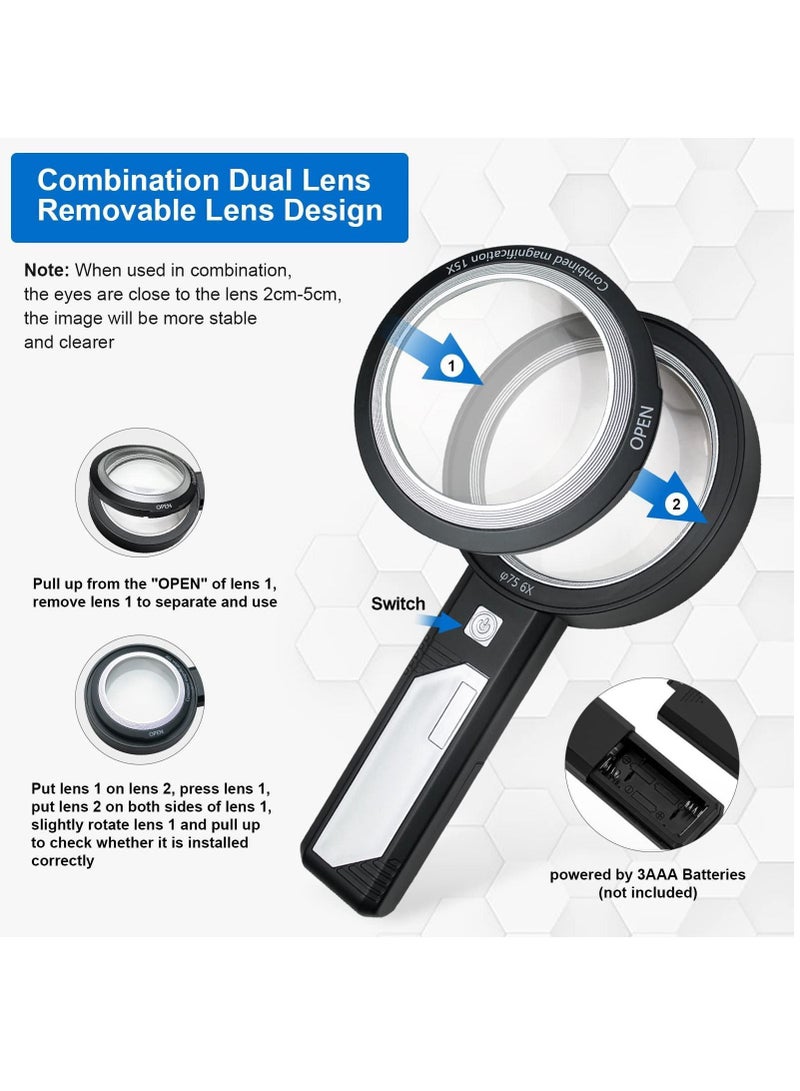 XiuWoo Magnifying Glass with Light 6X 9X15X Combined Illuminated Magnifier 6 LED 2 Purple Lighted Dual-Lens, Detachable Handheld For Seniors Read, Stamps, Map, Inspection. - Image 3