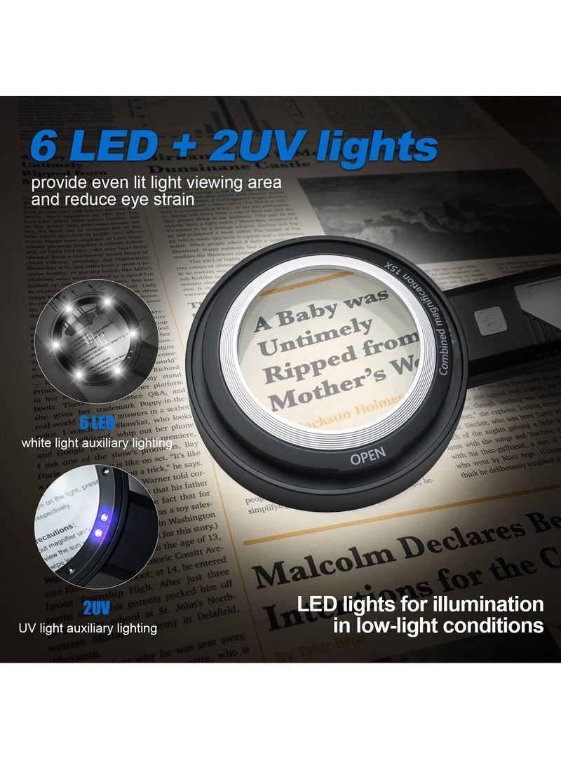 XiuWoo Magnifying Glass with Light 6X 9X15X Combined Illuminated Magnifier 6 LED 2 Purple Lighted Dual-Lens, Detachable Handheld For Seniors Read, Stamps, Map, Inspection. - Image 4