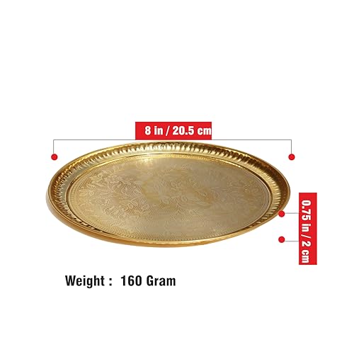 Pure Source India Handmade Flower Embossed Design Brass Puja Thali, Meenakari Pital Aarti Plate Used for Hindu Rituals Like Pooja, Karwa Chauth, Rakhi, Diwali, Return Gift Items (8 inches) - Image 4