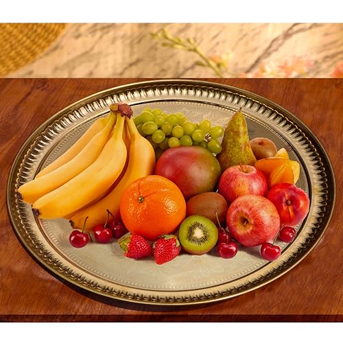 Pure Source India Handmade Flower Embossed Design Brass Puja Thali, Meenakari Pital Aarti Plate Used for Hindu Rituals Like Pooja, Karwa Chauth, Rakhi, Diwali, Return Gift Items (8 inches) - Image 3