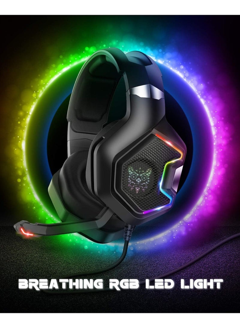 أونيكوما سماعة راس K10 برو سلكية للالعاب من اونيكوما مع خاصية الغاء الضوضاء واضاءة LED RGB وقابس صوت 3.5 ملم، مشغل 50 متوافقة الجوالات والكمبيوتر واللابتوب والتابلت وبلاي ستيشن 4 و5 واكس بوكس اسود، فوق الاذن - Image 1