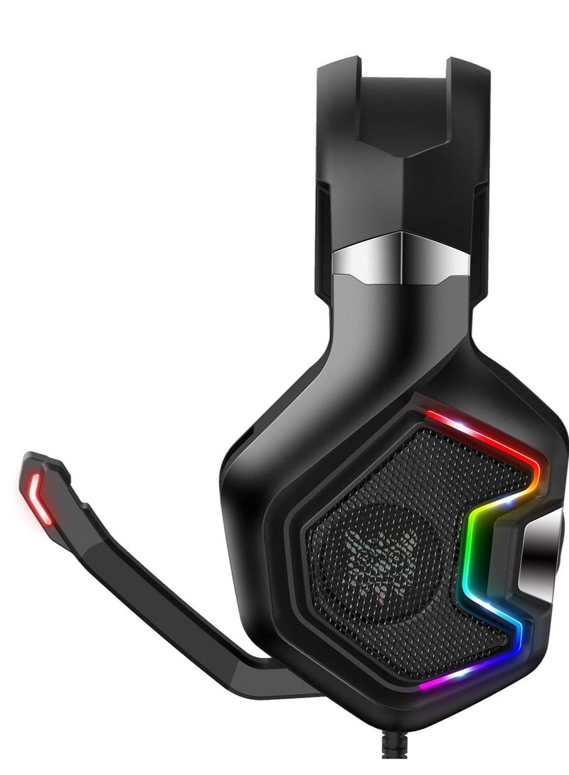 أونيكوما سماعة راس K10 برو سلكية للالعاب من اونيكوما مع خاصية الغاء الضوضاء واضاءة LED RGB وقابس صوت 3.5 ملم، مشغل 50 متوافقة الجوالات والكمبيوتر واللابتوب والتابلت وبلاي ستيشن 4 و5 واكس بوكس اسود، فوق الاذن - Image 4