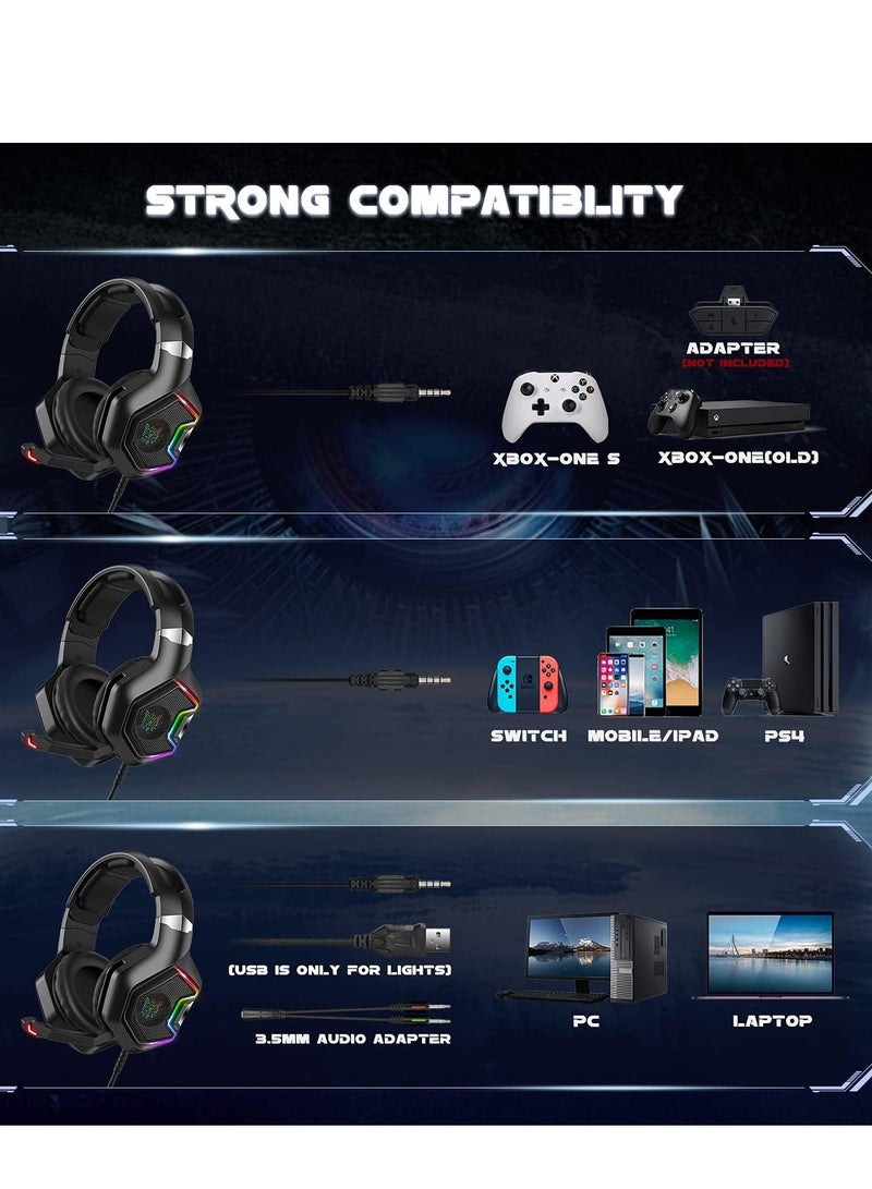 أونيكوما سماعة راس K10 برو سلكية للالعاب من اونيكوما مع خاصية الغاء الضوضاء واضاءة LED RGB وقابس صوت 3.5 ملم، مشغل 50 متوافقة الجوالات والكمبيوتر واللابتوب والتابلت وبلاي ستيشن 4 و5 واكس بوكس اسود، فوق الاذن - Image 5