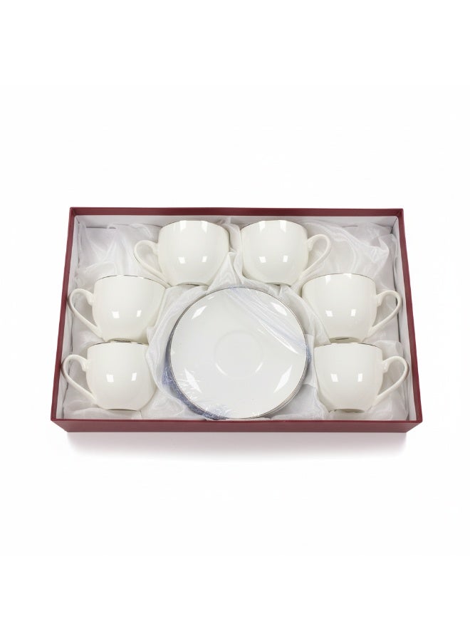 GERMAX Luxury 6-Piece Cup & Saucer Set with Silver Trim - 200ml Porcelain Tea Coffee Set - Image 1