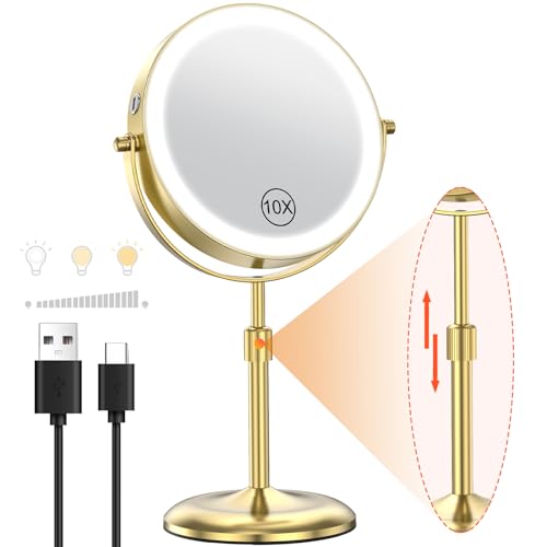 Benbilry Lighted Makeup Mirror with 3 Color Lights & 10X Magnification, Adjustable Brightness & Height, 7 Inch 360° Swivel Rechargeable 10X LED Magnifying Vanity Mirror with Light, Gold - Image 1