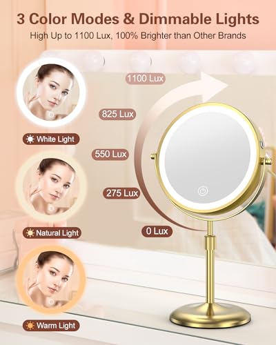 Benbilry Lighted Makeup Mirror with 3 Color Lights & 10X Magnification, Adjustable Brightness & Height, 7 Inch 360° Swivel Rechargeable 10X LED Magnifying Vanity Mirror with Light, Gold - Image 4