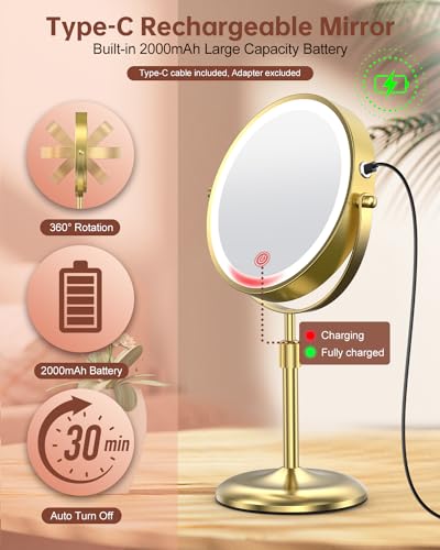 Benbilry Lighted Makeup Mirror with 3 Color Lights & 10X Magnification, Adjustable Brightness & Height, 7 Inch 360° Swivel Rechargeable 10X LED Magnifying Vanity Mirror with Light, Gold - Image 5