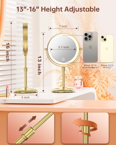 Benbilry Lighted Makeup Mirror with 3 Color Lights & 10X Magnification, Adjustable Brightness & Height, 7 Inch 360° Swivel Rechargeable 10X LED Magnifying Vanity Mirror with Light, Gold - Image 2