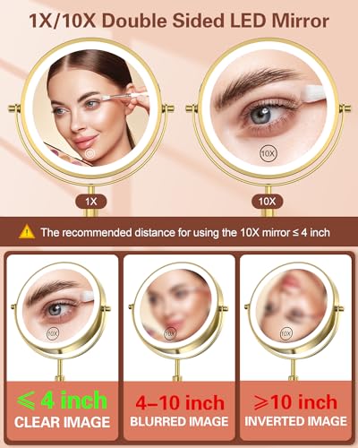 Benbilry Lighted Makeup Mirror with 3 Color Lights & 10X Magnification, Adjustable Brightness & Height, 7 Inch 360° Swivel Rechargeable 10X LED Magnifying Vanity Mirror with Light, Gold - Image 3