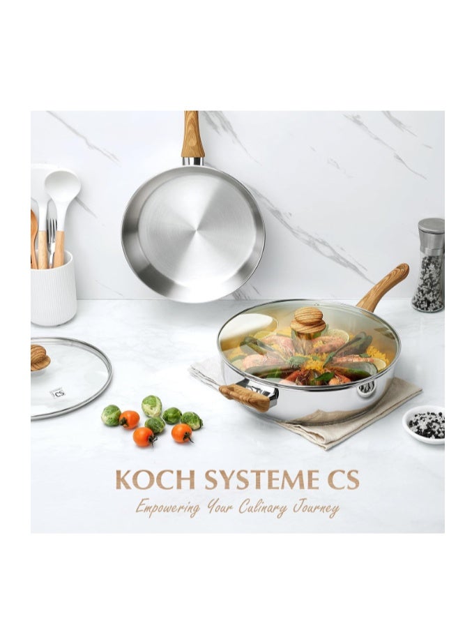 KOCH SYSTEME CS مقلاة سوتيه بقطر 30 سم مع غطاء، مقلاة عميقة للقلي بسعة 5.2 لتر مع غطاء، مقلاة من الفولاذ المقاوم للصدأ 18/10 بسعة 5.5 كوارت مع مقبض من الباكليت بارد الملمس، متوافقة مع المواقد الحثية، آمنة للغسل في غسالة الأطباق - Image 2