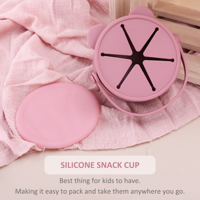Dilovely Snack Cups for Toddlers, Baby Snack Containers, Silicone Toddler Snack Cups No Spill, Food Catcher with Lid & Bucket-like Handle, BPA Free & Dishwasher Safe, 9 Ounce Rose - Image 5